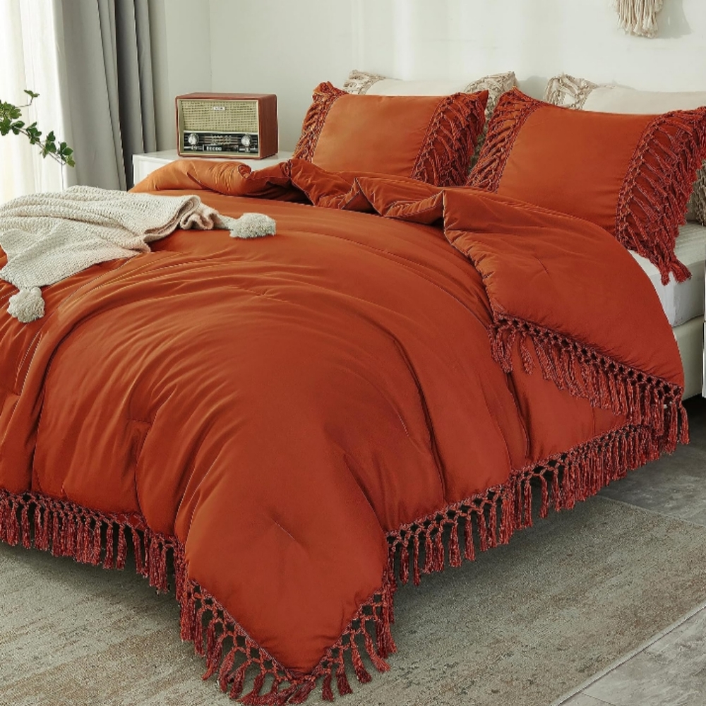 Burnt Orange Boho Tassel Trim Full Size Bed Comforter Shams 3pc Set Rust Bedding